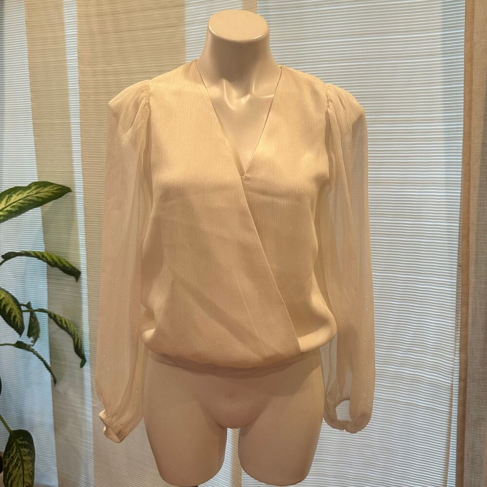 Banana Republic Ivory Shimmer Wrap Blouse XS Sheer Puff Sleeve Holiday Party